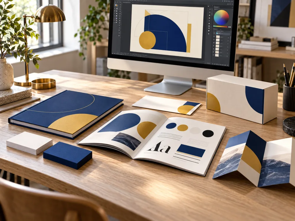 Illustration : Supports imprimés et écran de conception dans un studio de design.