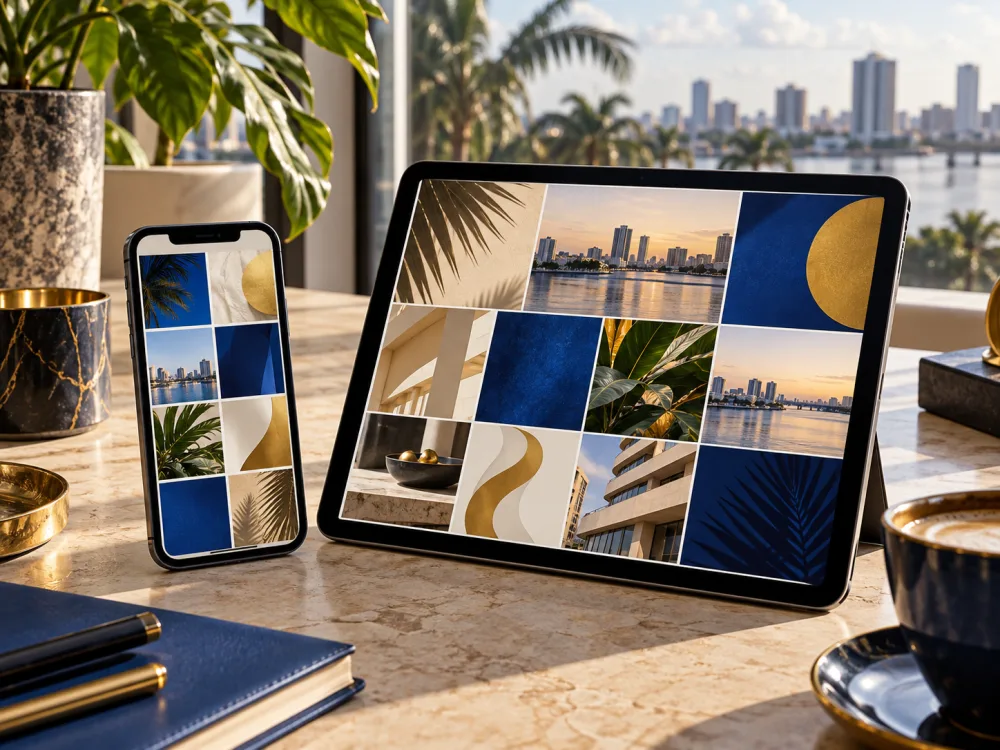 Illustration : Smartphone et tablette présentant des compositions de contenus numériques.
