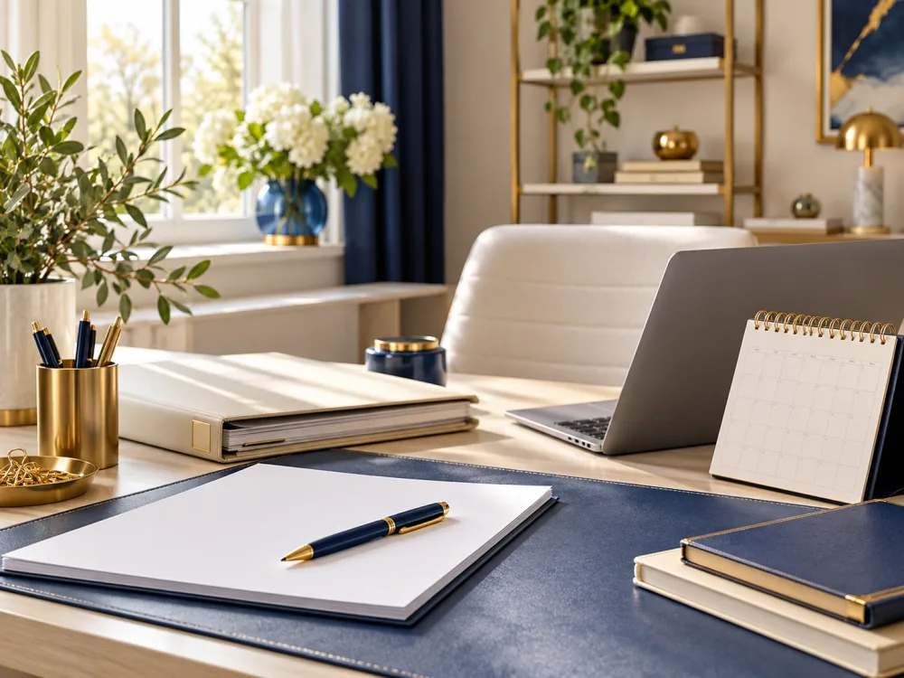 Illustration : Bureau administratif organisé avec documents, ordinateur et agenda.